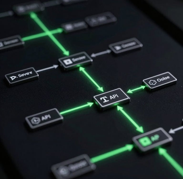 A technical flowchart diagram of a server-side conversion API pipeline, showing data flowing from a server to ad networks, glowing electric green lines on a dark background