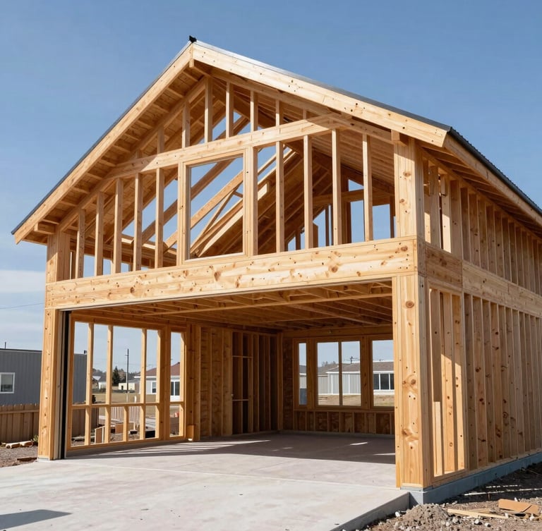 Sharp architectural photo of a newly framed modern garage under a bright, high-contrast Calgary sky, crisp natural daylight highlighting heavy-duty timber joints.