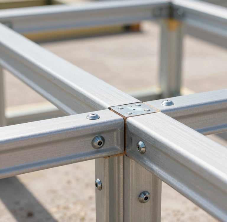 Macro close-up of heavy-duty double-stud garage framing joints and structural hardware, sharp natural daylight.