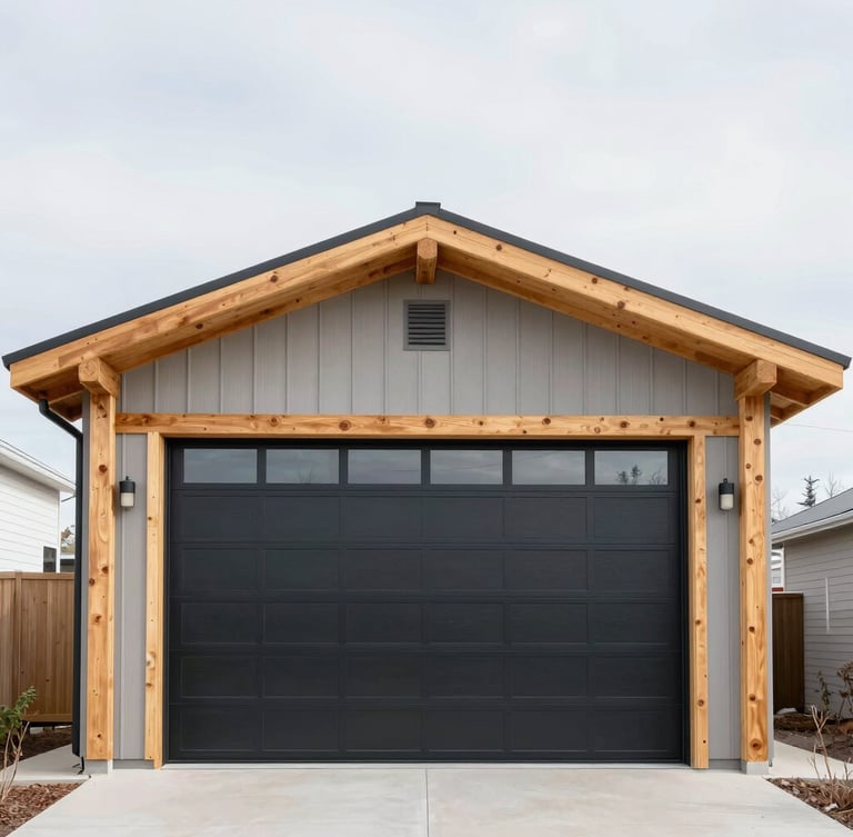 Sharp architectural shot of a newly constructed modern garage with heavy-duty timber framing under a bright, high-contrast Calgary sky.