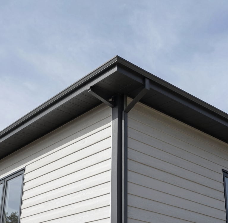sharp architectural photography, bright natural daylight, close-up of clean siding joints on a modern Calgary home under dramatic Alberta skies