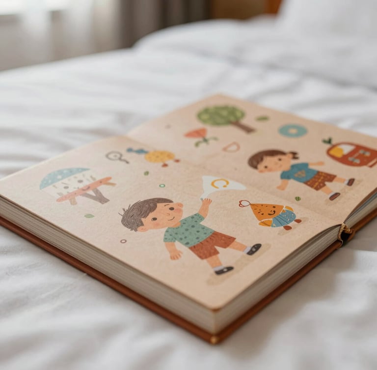 Tactile close-up of a beautifully printed children's activity book lying on a crisp white hotel bed, soft natural daylight, warm terracotta accents on the cover illustration, shallow depth of field, 35mm