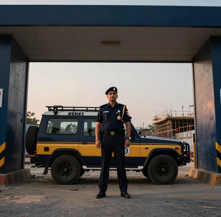 A Ghani Shield Security officer, in sharp uniform, standing beside a branded patrol vehicle at a construction site entrance at dawn, low-angle heroic framing, crisp overcast daylight, deep navy and amber tones.