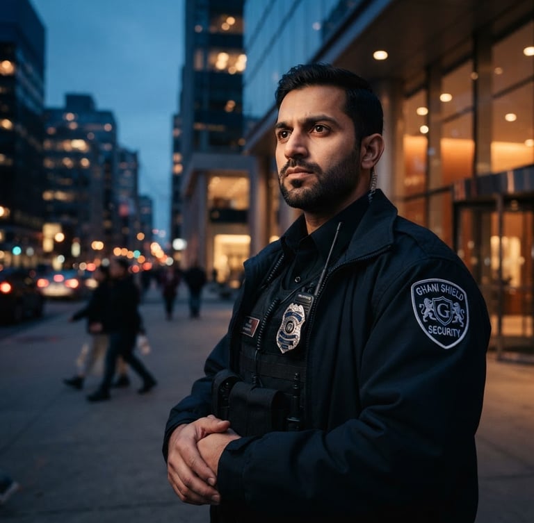 Close-up cinematic editorial photograph of a professional security officer in a sharp, dark uniform, focused expression, with a branded Ghani Shield Security patch visible on the sleeve, dramatic twilight lighting, sharp focus, 35mm lens, low angle heroic framing.