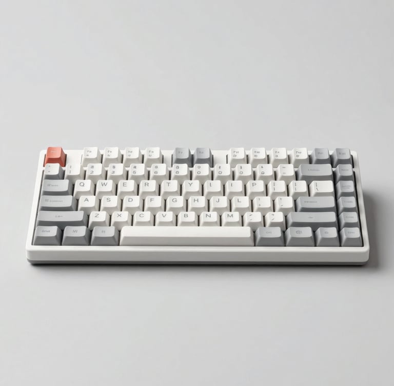 Crisp isolated mechanical keyboard on a clean neutral grey backdrop, high-key studio lighting, sharp focus, modern editorial