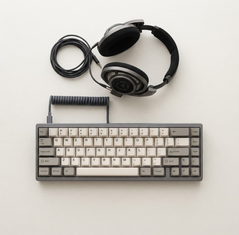 A crisp, isolated mechanical keyboard and premium headphones on an off-white, subtly textured neutral background, sharp studio lighting, geometric overhead angle.