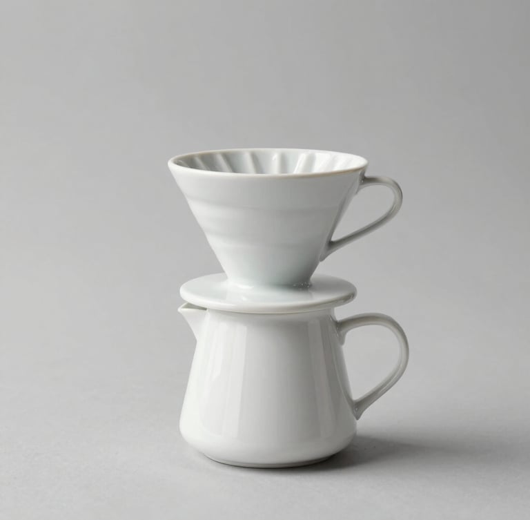 Crisp isolated minimalist ceramic pour-over coffee dripper on a clean warm grey backdrop, high-key studio lighting, sharp focus, modern editorial