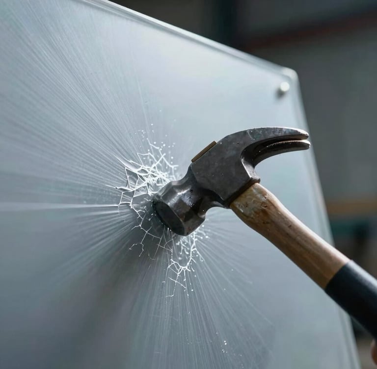 Tight macro shot of a heavy steel hammer striking a clear polycarbonate panel, showing localized impact stress lines and a slight flex but zero cracking, under cool-toned industrial daylight.