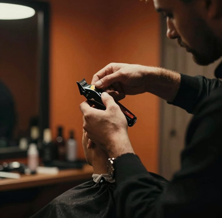 Moody cinematic photography of a professional barber carefully detailing a sharp fade with clippers, dramatic side-lighting, warm orange interior glow, deep shadows, shallow depth of field, 35mm