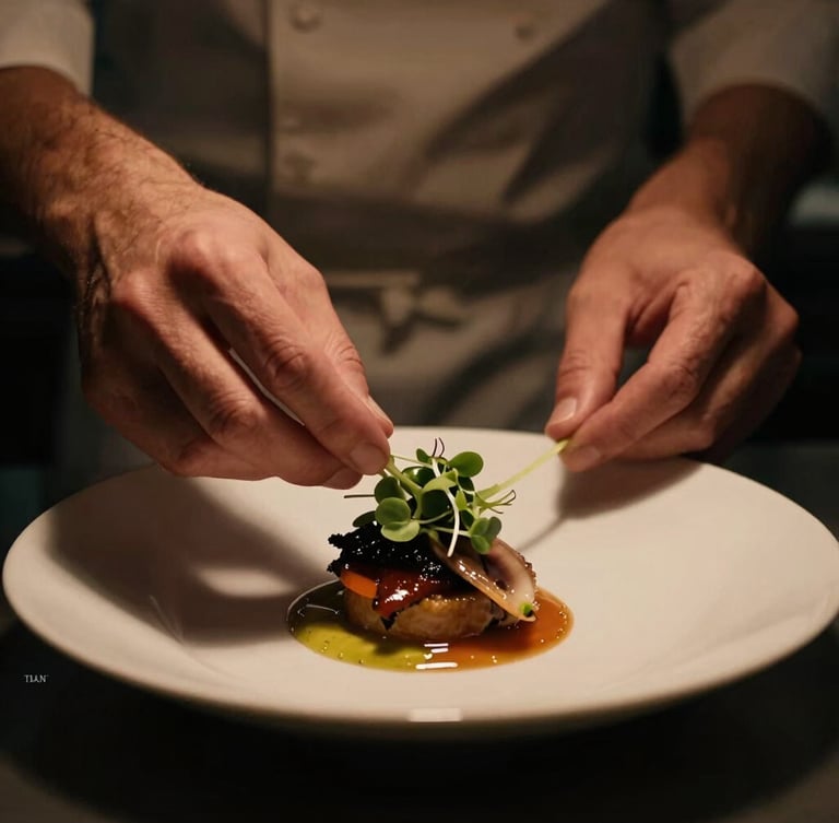 Moody cinematic food photography, close-up of a chef finishing a plated dish with microgreens, dramatic low-key lighting, deep shadows, rich warm amber tones, 35mm shallow depth of field