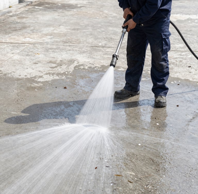 A professional technician in a clean navy uniform operating a high-pressure water stream on a dirty concrete walkway, high contrast clean line visible