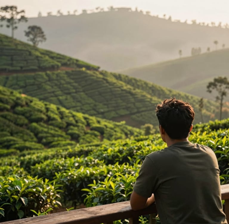 Over-the-shoulder perspective of a traveler looking out from a wooden balcony over lush green tea plantations in Munnar, Kerala, soft morning mist, warm natural light, 35mm