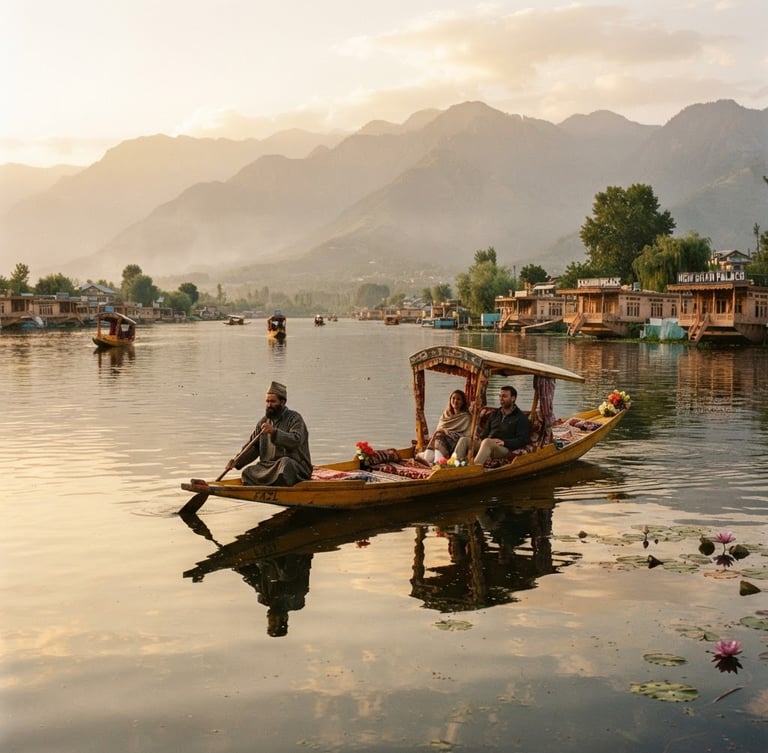 A wide environmental portrait of a traditional wooden Shikara boat on the calm waters of Dal Lake in Kashmir during golden hour, soft warm light reflecting off the water, mist-covered mountains in the distance, 35mm photography