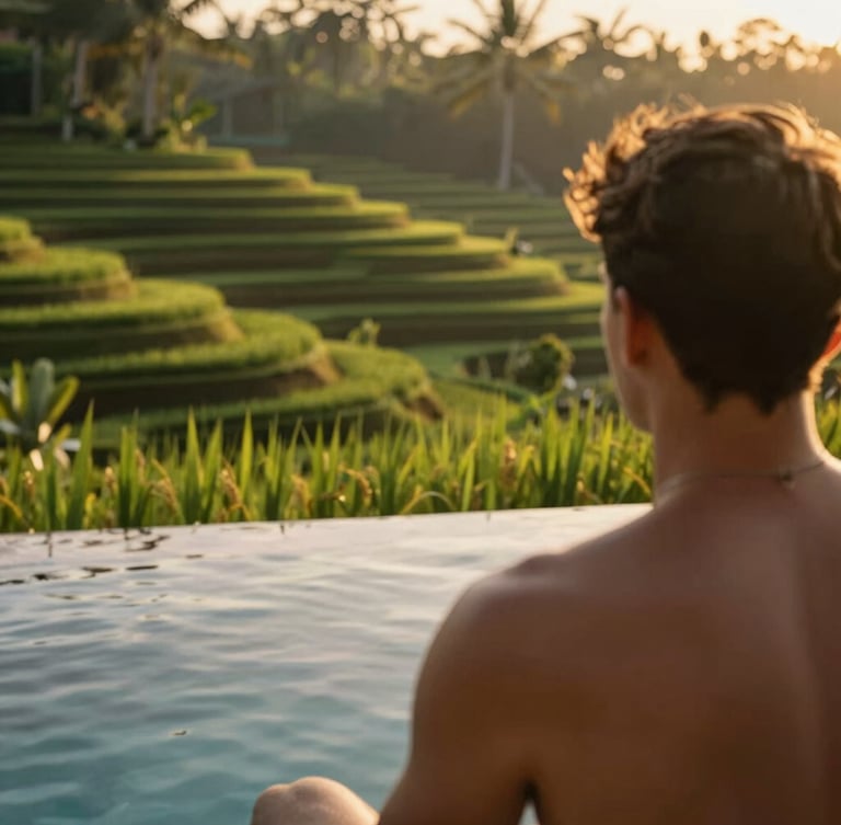 Candid over-the-shoulder view of a traveler looking out at a lush green infinity pool overlooking Ubud rice terraces at sunrise, warm golden light
