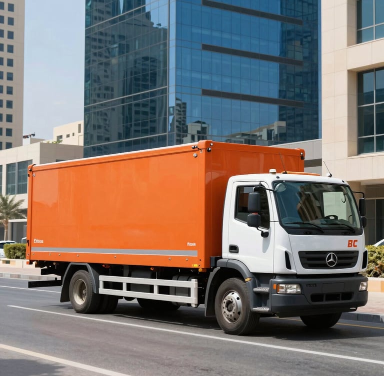 Crisp industrial photography of an E House moving transport vehicle parked in a modern Dubai corporate district, bright midday sun, high-contrast blue and orange tones, 35mm lens.