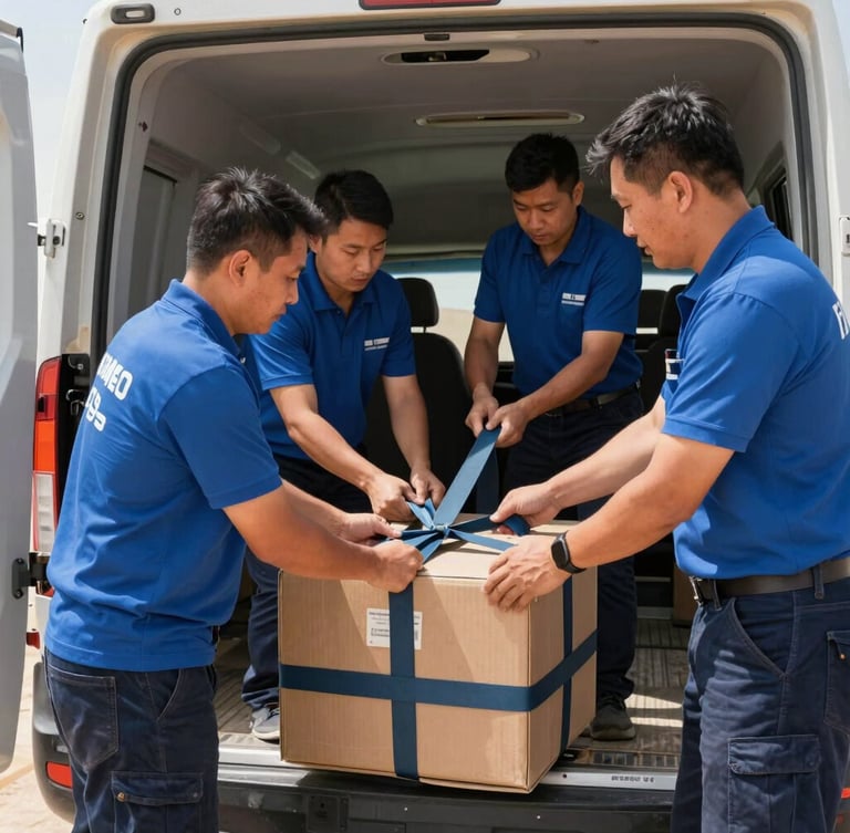 Crisp industrial photography of a professional moving team in clean uniforms systematically securing cargo with heavy-duty straps inside a transport vehicle, bright midday desert daylight