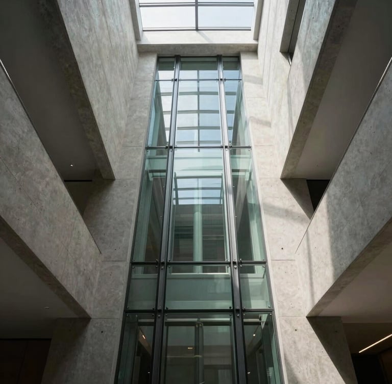 Low-angle architectural shot of a minimalist glass elevator shaft integrated into a modern multi-story private villa, dramatic concrete walls, sharp natural light from a skylight, clean lines.