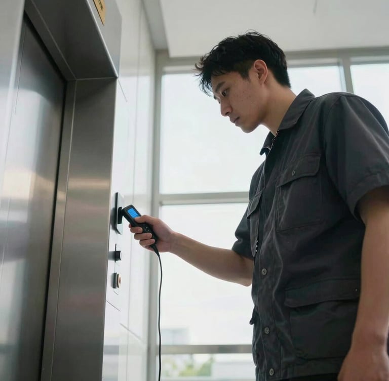 A technician in a clean dark uniform calibrating an elevator door sensor with a digital tool, bright architectural daylight, low-angle perspective