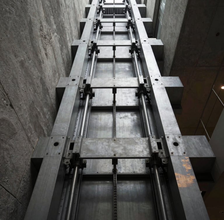 Low-angle architectural shot looking up a modern steel and concrete elevator shaft, high-contrast industrial lighting, dramatic shadows, negative space on left