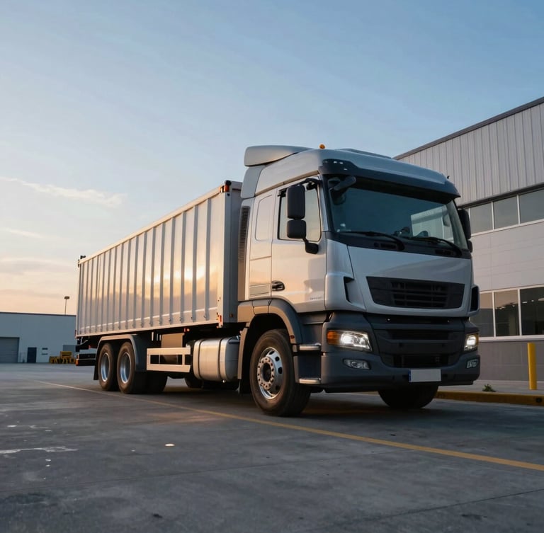 Low-angle heroic shot of a modern heavy-duty cargo truck parked at a clean distribution center during morning golden hour, professional industrial photography.