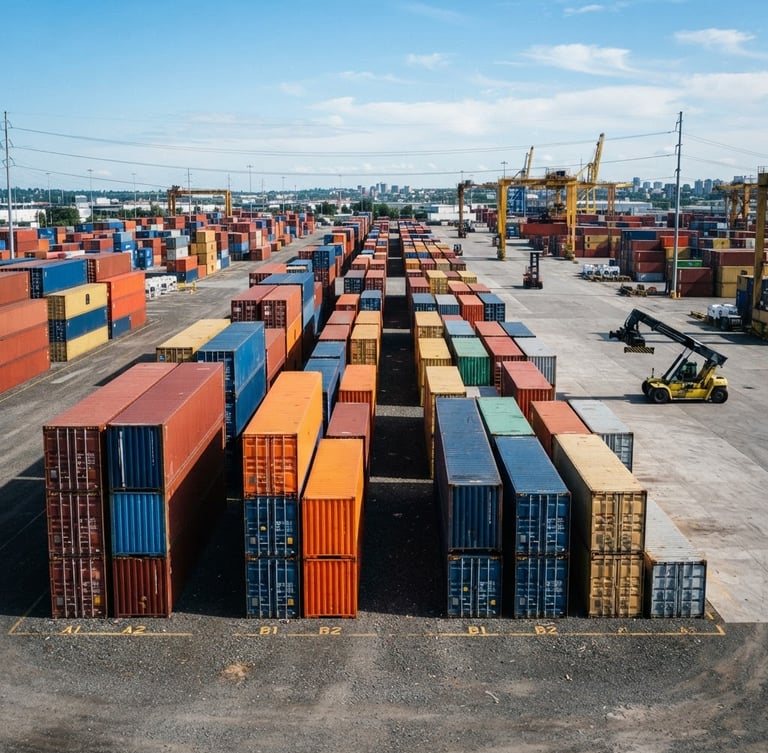 Wide environmental shot of clean 20ft and 40ft steel shipping containers aligned in a secure gravel yard, bright clear daylight, high-contrast industrial framing, 35mm