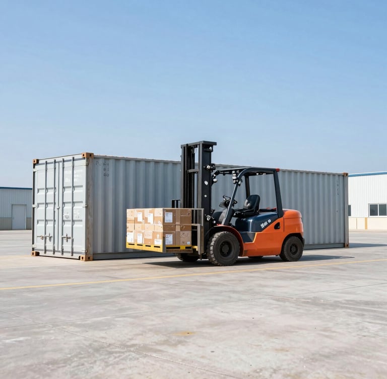 Wide shot of a clean industrial storage yard with a forklift lifting cargo near a 40ft steel shipping container, bright clear daylight, high-contrast