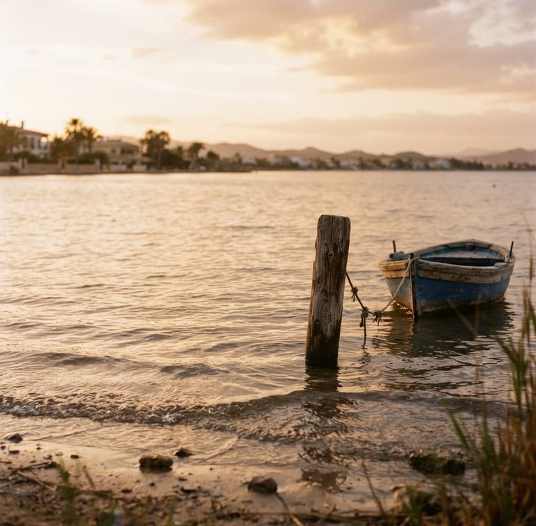 Warm editorial photograph, golden-hour hazy light over the gentle ripples of the Mar Menor lagoon, soft Mediterranean tones, 35mm film texture