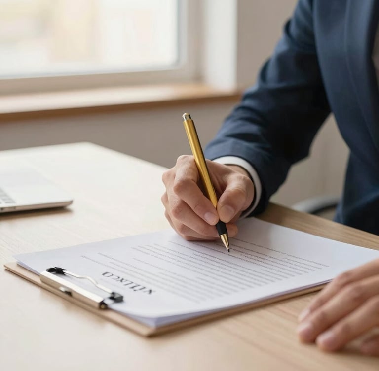 Close-up of a professional signing an employment contract on a clean desk, warm natural window light, deep navy and gold accents, shallow depth of field, 35mm
