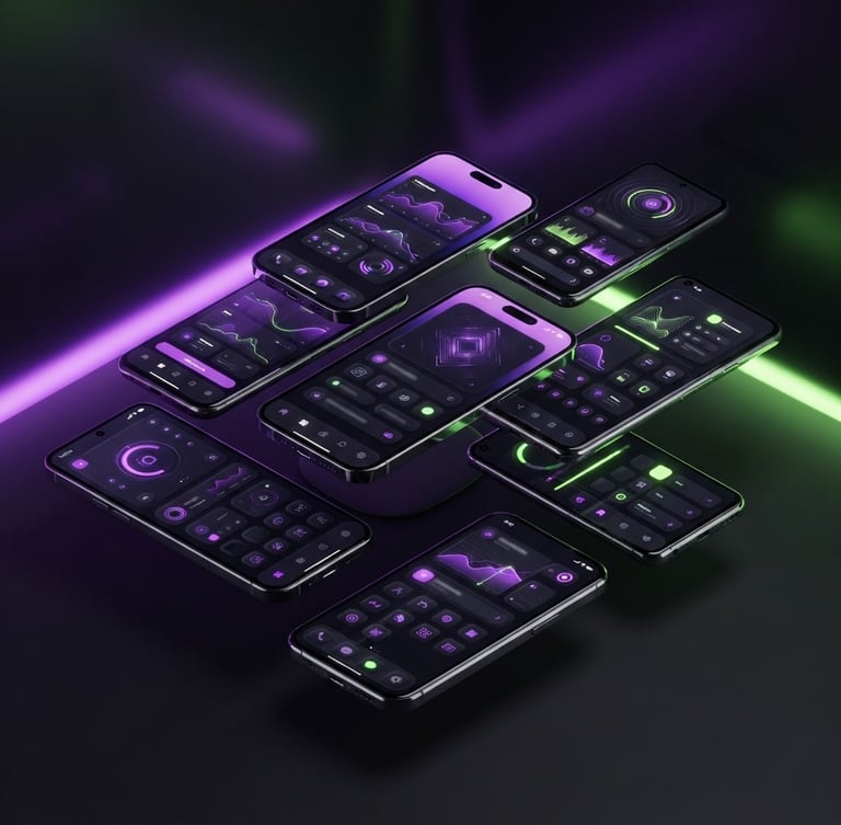 Sleek 3D render of isometric iOS and Android mobile device mockups, glowing purple and neon green ambient backlighting, high-fidelity dark mode UI screens, high-contrast studio lighting.