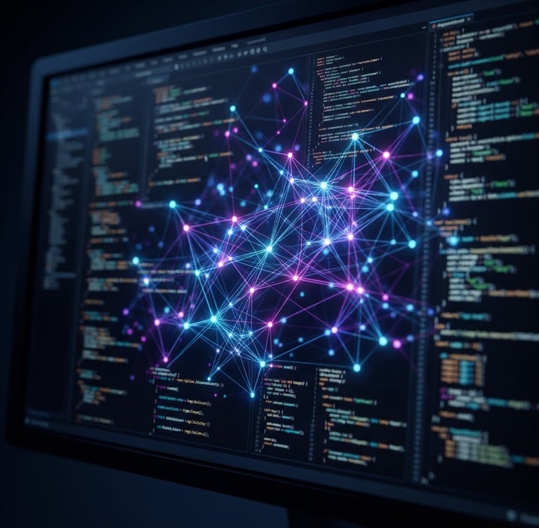 Macro close-up of a sleek dark-mode UI on a monitor, code blocks and glowing node networks visible, moody low-key studio lighting with neon accent glows.