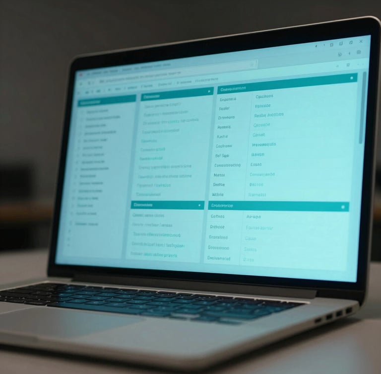Macro close-up of a sleek laptop screen displaying clean cyan data dashboards in a dark, minimalist classroom, soft ambient lighting, 35mm