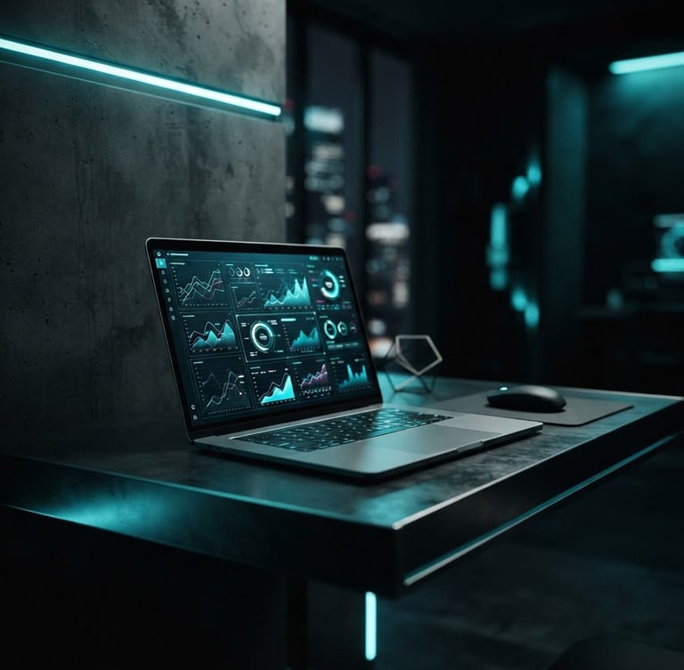 Futuristic editorial photography of a minimalist workspace with a laptop displaying clean data dashboards, low-key ambient lighting with sharp cyan neon highlights, shallow depth of field, 35mm