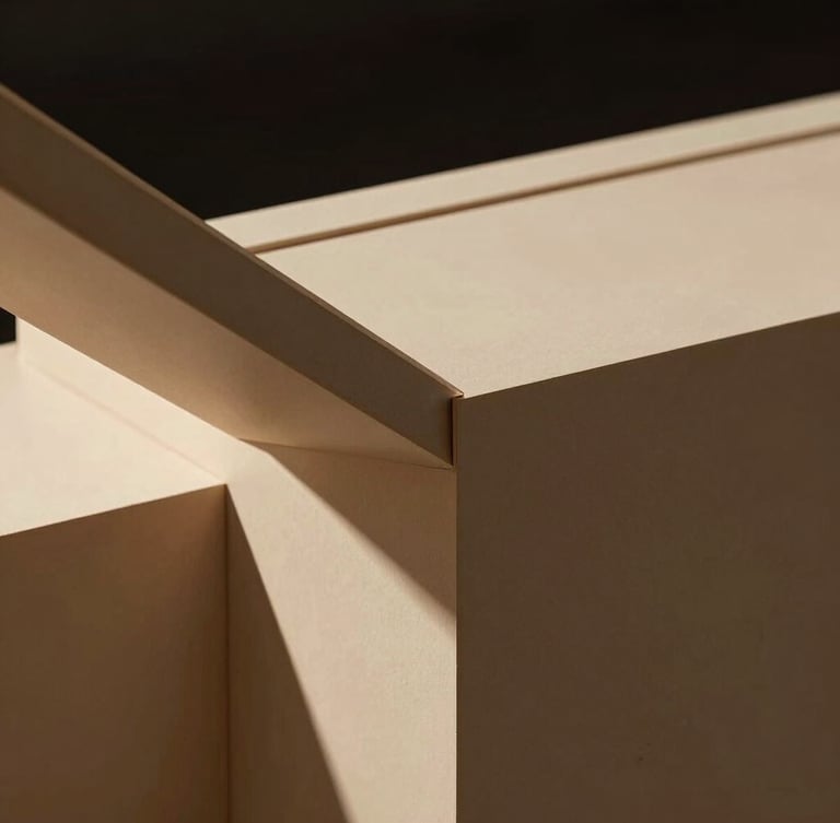 Close-up of an architectural joint on a high-end exhibition stand structure, showcasing premium materials and sharp, clean lines under dramatic lighting, high-contrast, warm sand tones.