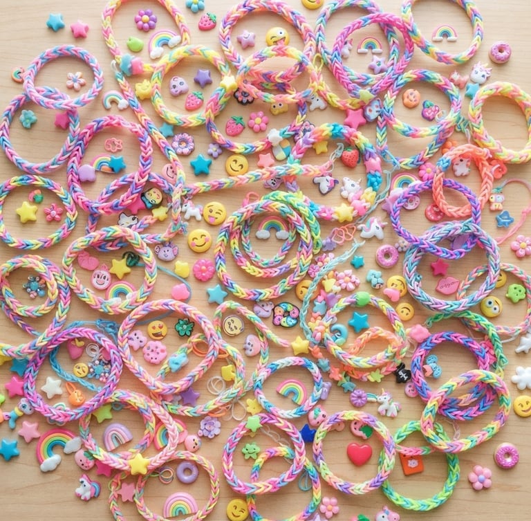 Overhead flatlay of colorful hand-woven rubber band bracelets and 3D puffy stickers scattered on a light wood desk, bright natural daylight, soft shadows