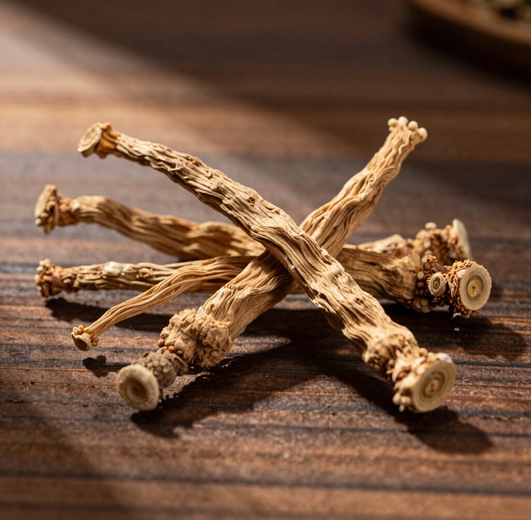 Macro shot of dried botanical roots and sacred herbs resting on a dark wood table, soft warm light filtering from the side, creating long shadows