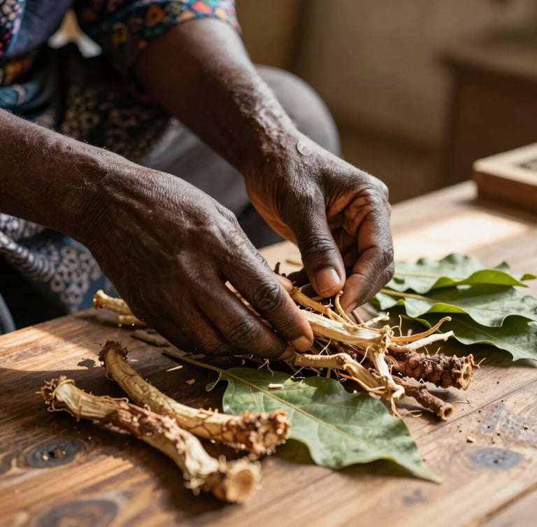 Dignified hands of an African herbalist carefully sorting dried roots and green leaves in a warm-lit wooden room, soft sun rays filtering through.