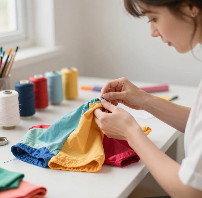 A female artisan carefully sewing a colorful pet garment in a bright, organized workshop, warm natural light, soft focus on the colorful fabrics