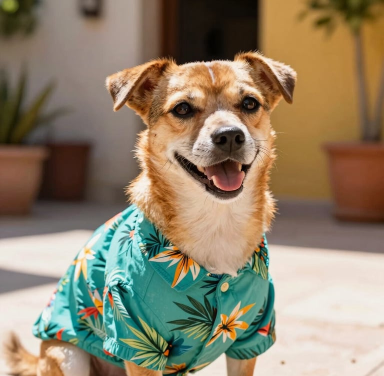 Close-up of a happy small dog wearing a vibrant teal tropical shirt, sitting in a sunlit Mexican patio, warm natural daylight, 35mm lens