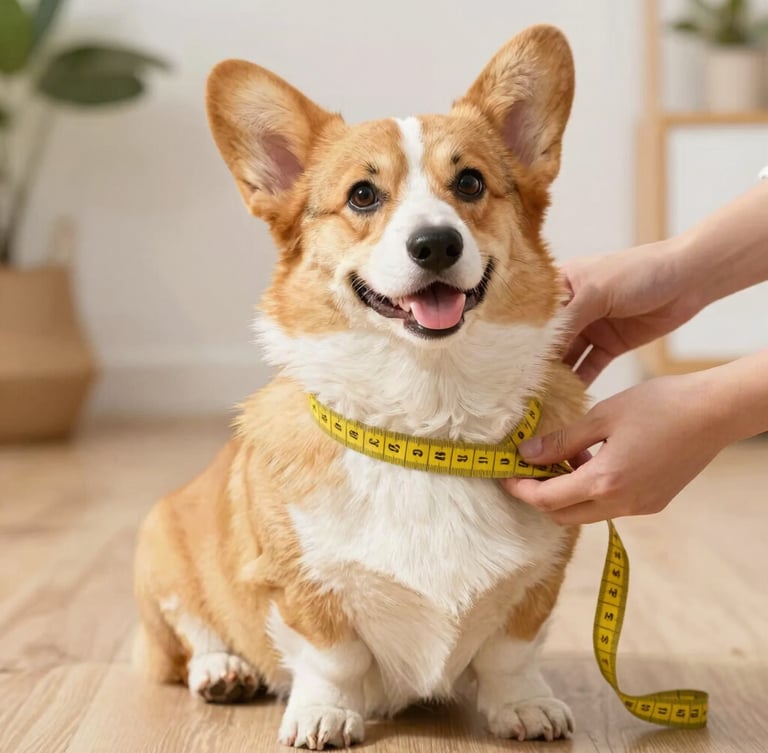 A happy corgi sitting calmly on a wooden floor while a pair of hands gently wraps a yellow measuring tape around its chest, warm natural daylight, soft focus background