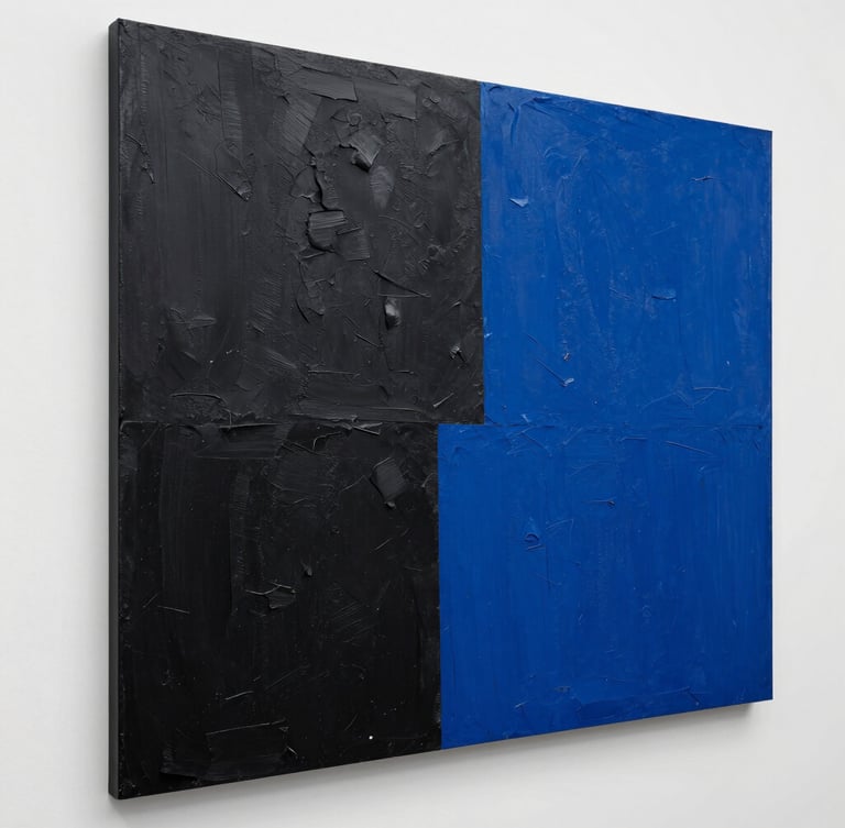 Dead-on orthogonal shot of a massive contemporary painting with high-contrast black and vivid ultramarine blue textured impasto paint on a heavy white canvas.