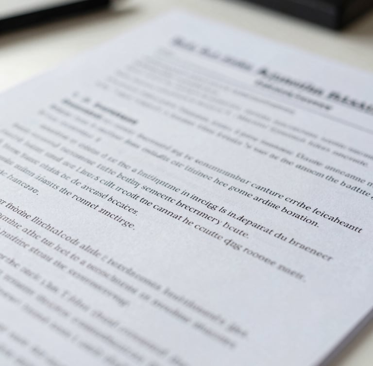 Macro close-up of structured legal documents on a clean white desk, cool natural daylight, sharp focus on printed text lines, sensitive data blurred.