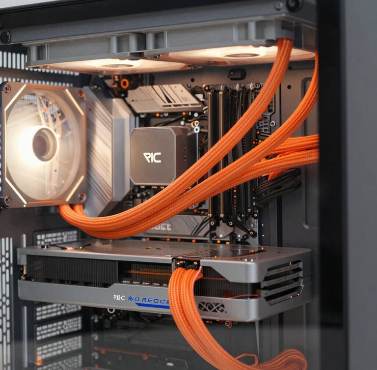 Profile view of a completed custom liquid-cooled PC, showing perfectly routed braided orange cables and clean glass panel, studio lighting.