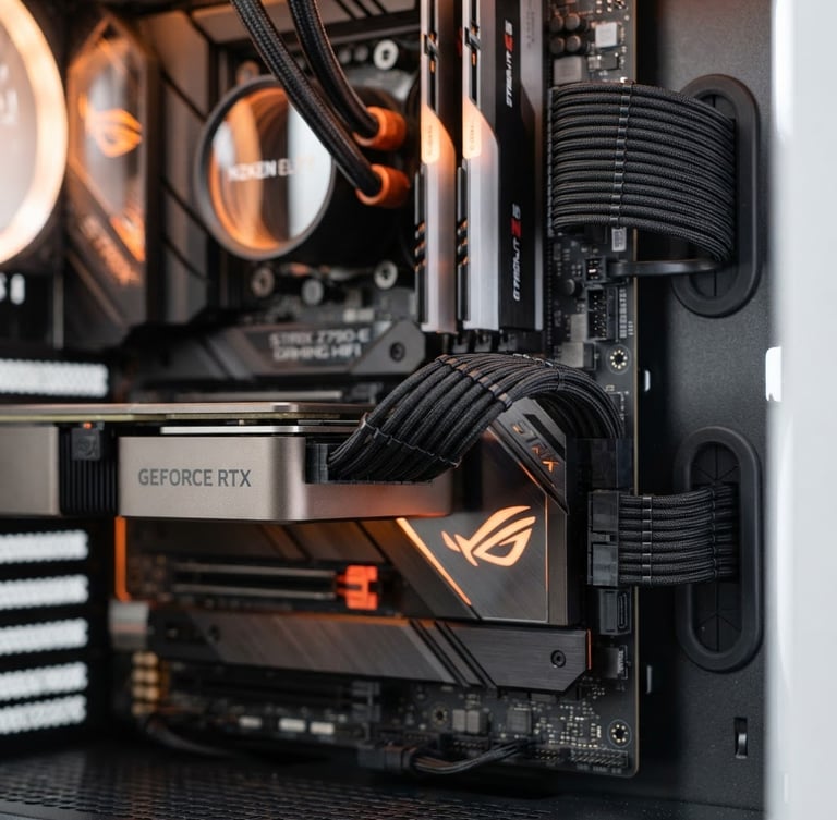 Sharp macro product photography of clean cable routing inside a custom PC, pristine motherboard components, high-key studio lighting with subtle orange accent glows reflecting off metallic surfaces, shallow depth of field.