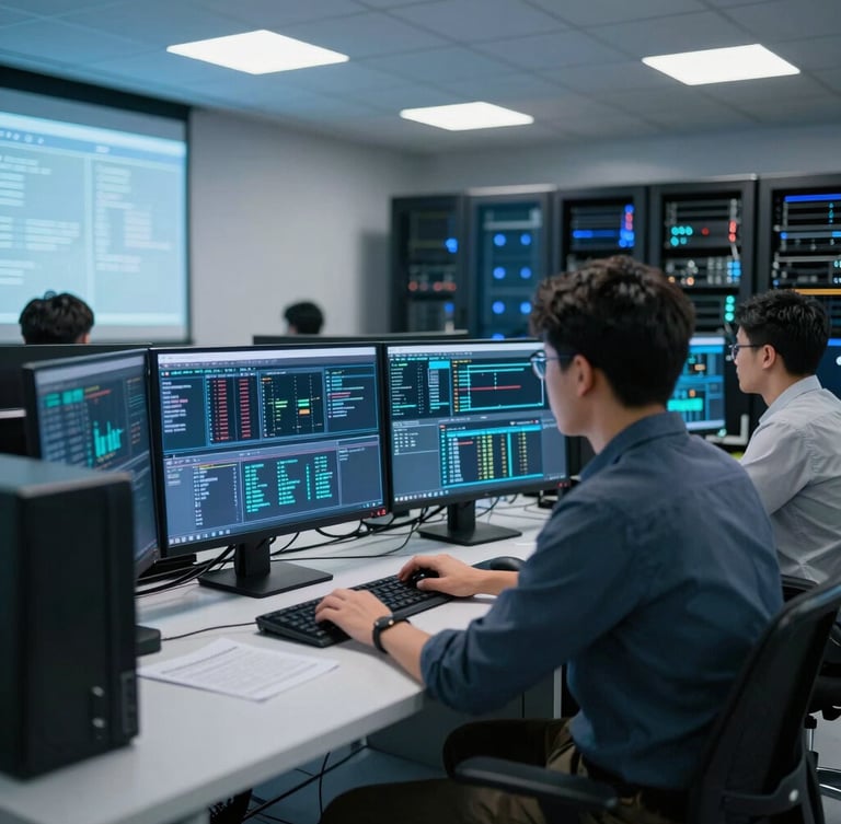 Cool editorial tech photography, a clean network operations center with real engineers analyzing data on screens, crisp blue and white LED lighting, sharp focus, 35mm