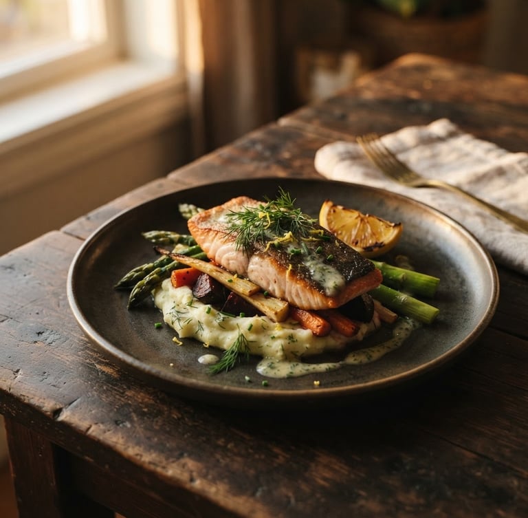 Close-up of a Scandinavian-style plated dish on a dark textured table, soft natural side-lighting, rich shadows, warm golden-hour tones, shallow depth of field