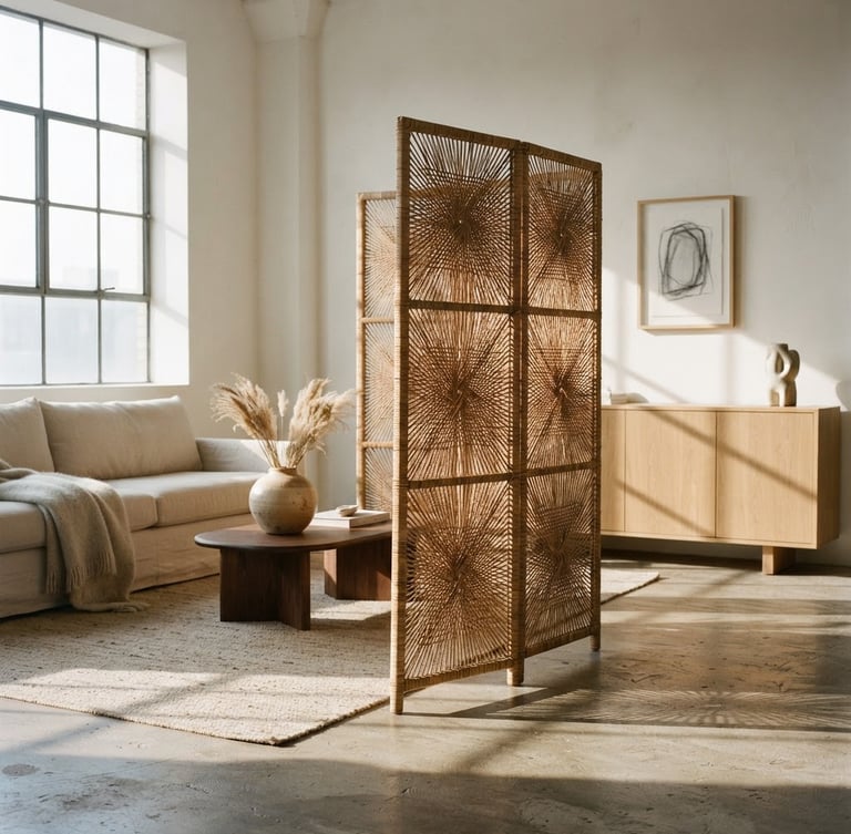 Architectural eye-level shot of a folding woven rattan screen filtering morning light, casting soft directional shadows across a minimalist living room, medium format film