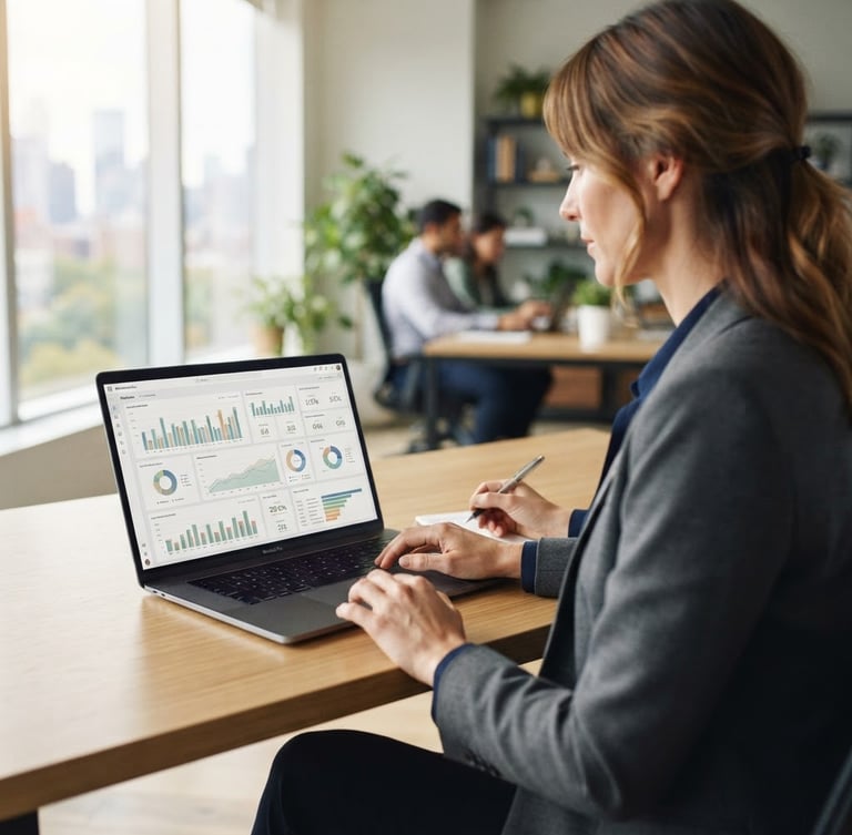 Over-the-shoulder shot of a professional analyzing a clean data dashboard on a laptop, bright natural window light, sharp focus, 35mm lens