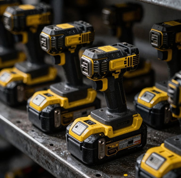Gritty industrial photography of high-capacity power tool batteries stacked on a steel workbench, hard dramatic side-lighting, high-contrast black and yellow tones, sharp macro focus, 35mm