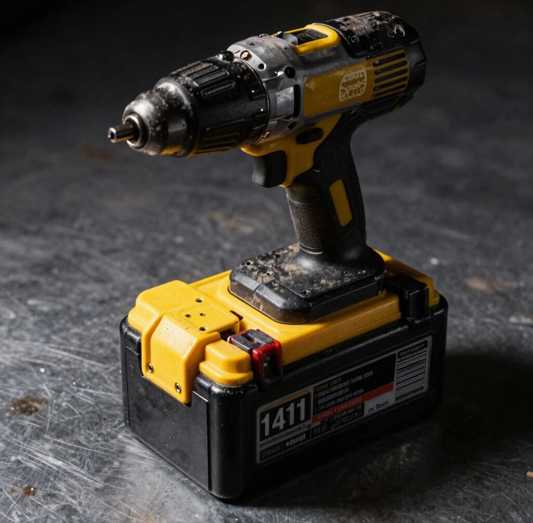 Tight macro shot of a heavy-duty lithium-ion battery pack slotted into a dust-covered impact driver, hard industrial side-lighting, high-contrast steel background