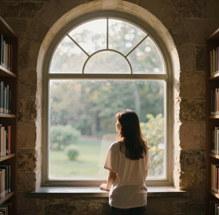 A thoughtful student looking out of a high arched window of a stone library, soft morning light, editorial 35mm, shallow depth of field